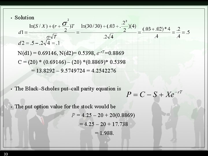  • Solution N(d 1) = 0. 69146, N(d 2)= 0. 5398, e-r. T=0.