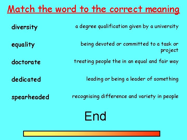 Match the word to the correct meaning diversity equality a degree qualification given by