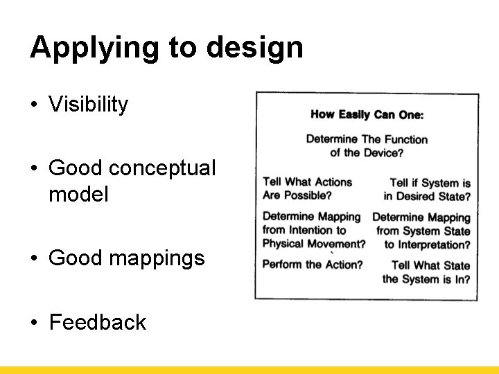 Applying to design • Visibility • Good conceptual model • Good mappings • Feedback
