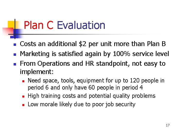 Plan C Evaluation n Costs an additional $2 per unit more than Plan B