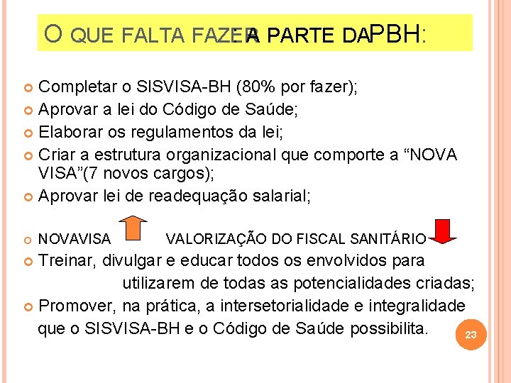 O QUE FALTA FAZER : A PARTE DAPBH: Completar o SISVISA-BH (80% por fazer);