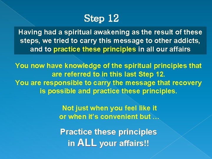 Step 12 Having had a spiritual awakening as the result of these steps, we