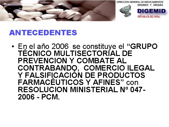 ANTECEDENTES • En el año 2006 se constituye el “GRUPO TÉCNICO MULTISECTORIAL DE PREVENCION