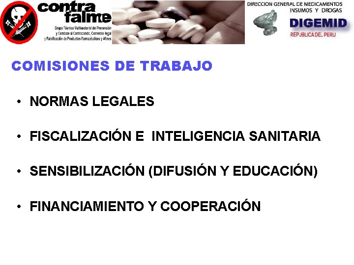COMISIONES DE TRABAJO • NORMAS LEGALES • FISCALIZACIÓN E INTELIGENCIA SANITARIA • SENSIBILIZACIÓN (DIFUSIÓN