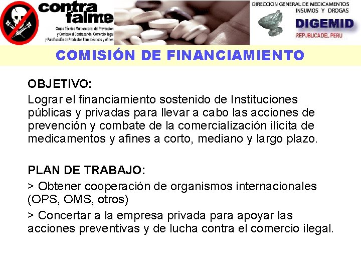 COMISIÓN DE FINANCIAMIENTO OBJETIVO: Lograr el financiamiento sostenido de Instituciones públicas y privadas para