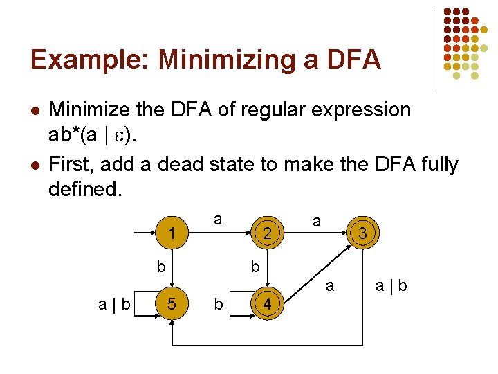 Example: Minimizing a DFA l l Minimize the DFA of regular expression ab*(a |