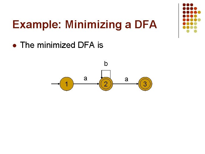 Example: Minimizing a DFA l The minimized DFA is b 1 a 2 a