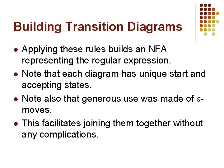 Building Transition Diagrams l l Applying these rules builds an NFA representing the regular