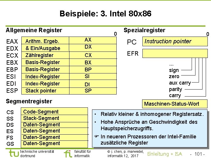TU Dortmund Beispiele: 3. Intel 80 x 86 Allgemeine Register EAX EDX ECX EBP