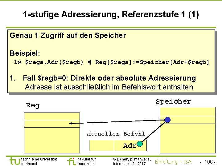 TU Dortmund 1 -stufige Adressierung, Referenzstufe 1 (1) Genau 1 Zugriff auf den Speicher