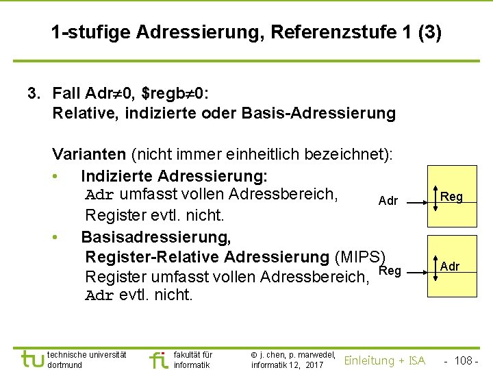 TU Dortmund 1 -stufige Adressierung, Referenzstufe 1 (3) 3. Fall Adr 0, $regb 0: