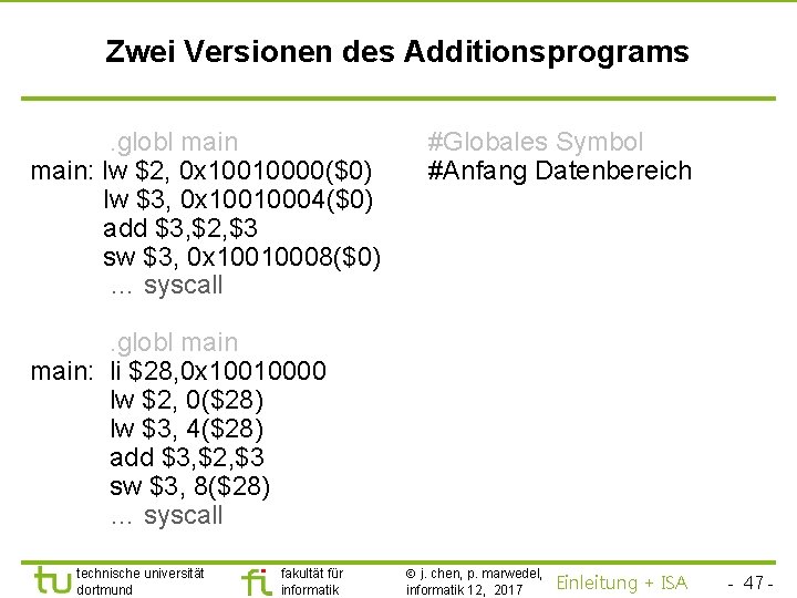 TU Dortmund Zwei Versionen des Additionsprograms. globl main: lw $2, 0 x 10010000($0) lw