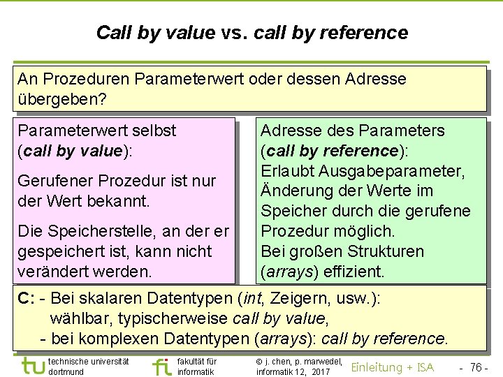 TU Dortmund Call by value vs. call by reference An Prozeduren Parameterwert oder dessen