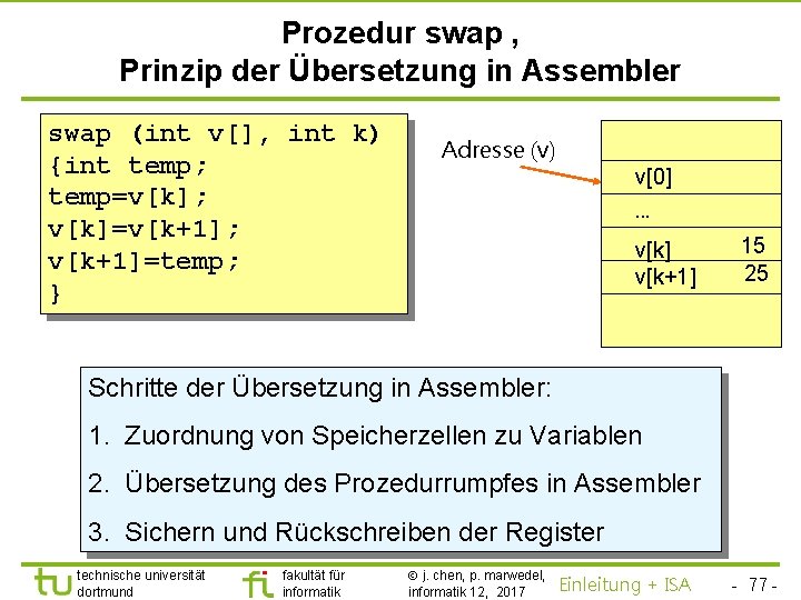 TU Dortmund Prozedur swap , Prinzip der Übersetzung in Assembler swap (int v[], int