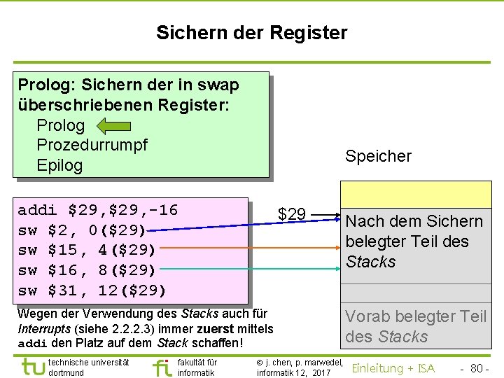 TU Dortmund Sichern der Register Prolog: Sichern der in swap überschriebenen Register: Prolog Prozedurrumpf