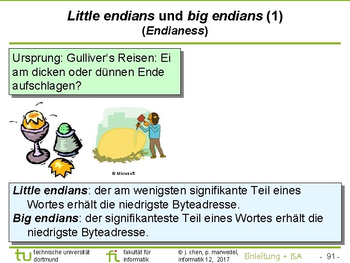 TU Dortmund Little endians und big endians (1) (Endianess) Ursprung: Gulliver‘s Reisen: Ei am