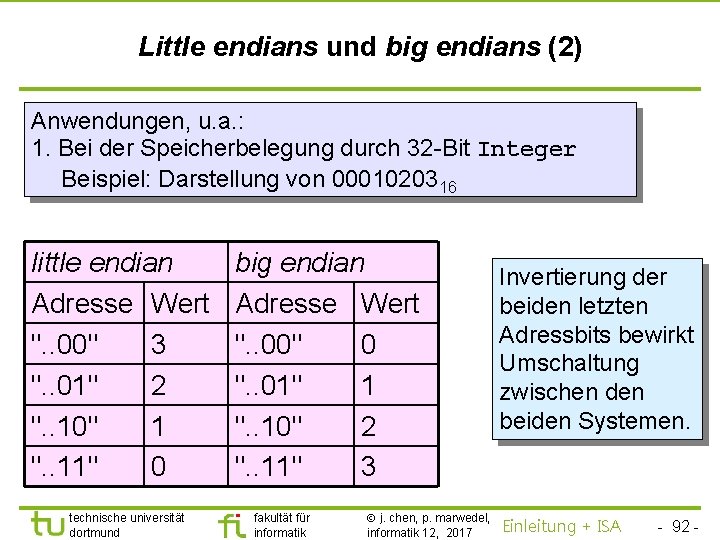 TU Dortmund Little endians und big endians (2) Anwendungen, u. a. : 1. Bei