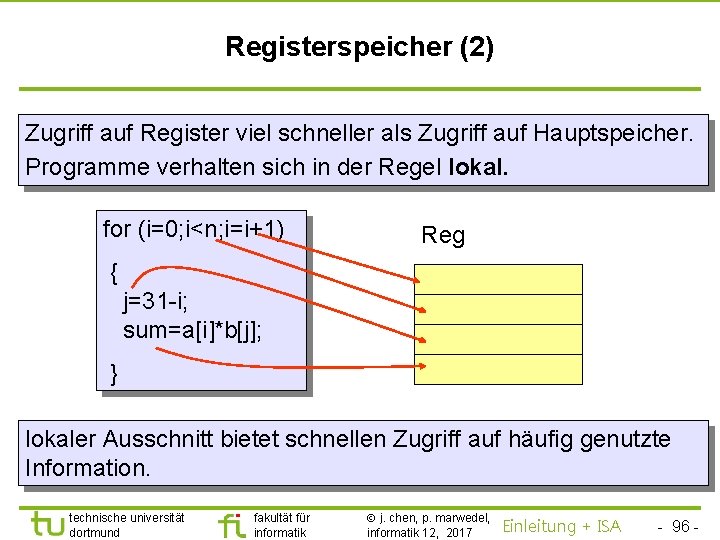 TU Dortmund Registerspeicher (2) Zugriff auf Register viel schneller als Zugriff auf Hauptspeicher. Programme