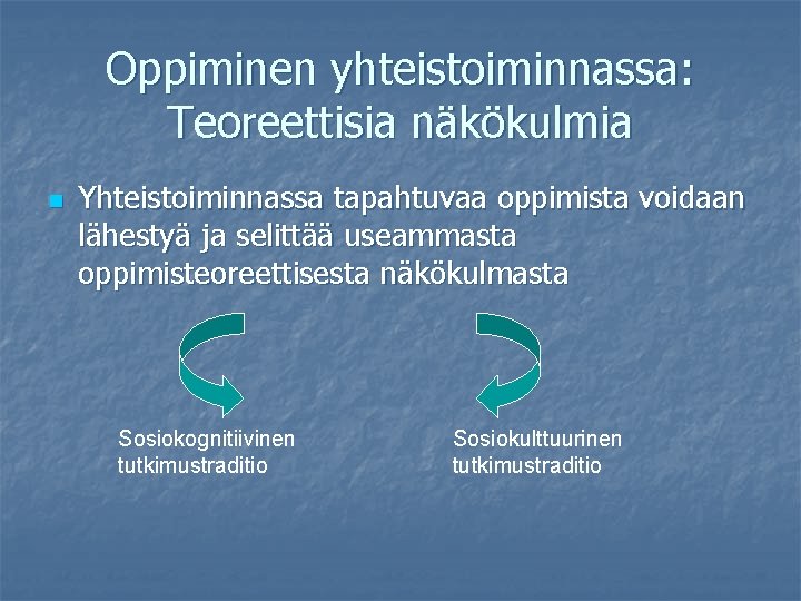 Oppiminen yhteistoiminnassa: Teoreettisia näkökulmia n Yhteistoiminnassa tapahtuvaa oppimista voidaan lähestyä ja selittää useammasta oppimisteoreettisesta