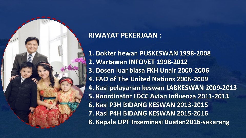 RIWAYAT PEKERJAAN : 1. Dokter hewan PUSKESWAN 1998 -2008 2. Wartawan INFOVET 1998 -2012