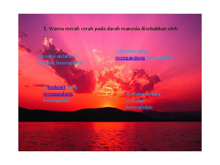 1. Warna merah cerah pada darah manusia disebabkan oleh …. a. reaksi antara O