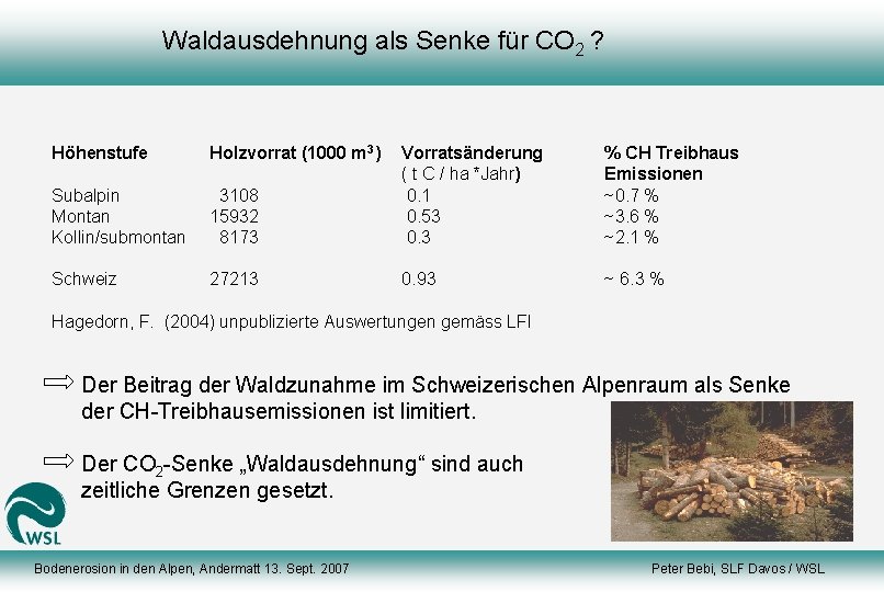 Waldausdehnung als Senke für CO 2 ? Höhenstufe Holzvorrat (1000 m 3 ) 3108