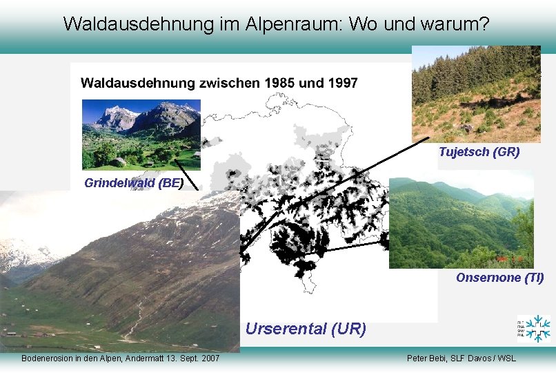Waldausdehnung im Alpenraum: Wo und warum? Datengrundlage: Arealstatistik Tujetsch (GR) Grindelwald (BE) Onsernone (TI)