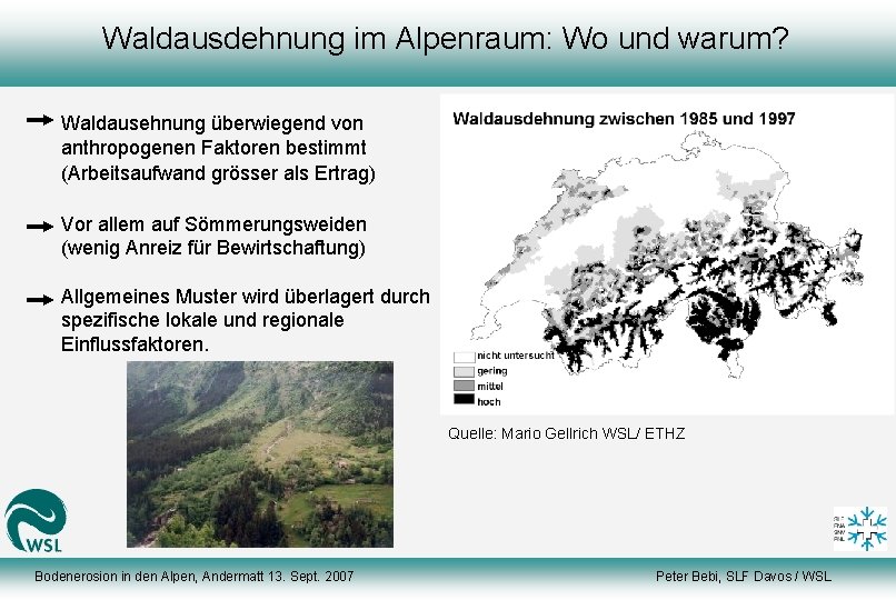 Waldausdehnung im Alpenraum: Wo und warum? Waldausehnung überwiegend von anthropogenen Faktoren bestimmt (Arbeitsaufwand grösser