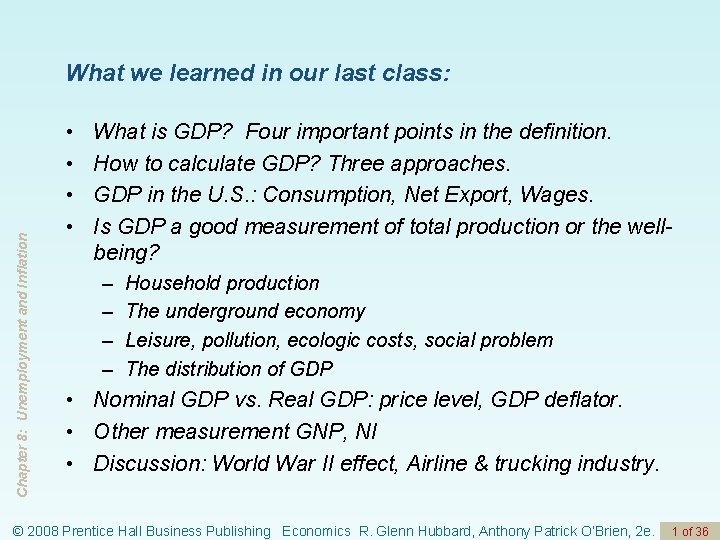 Chapter 8 Unemployment and Inflation What we learned