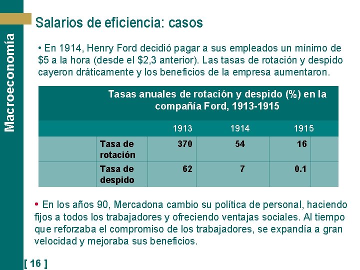Macroeconomía Salarios de eficiencia: casos • En 1914, Henry Ford decidió pagar a sus