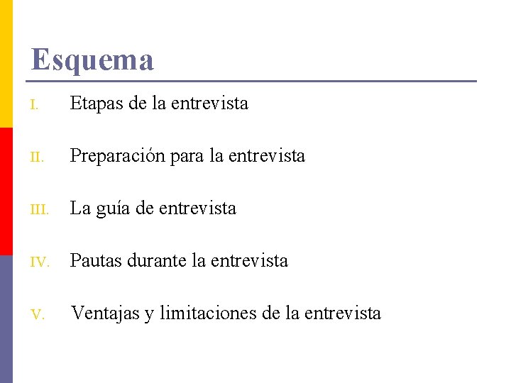 Esquema I. Etapas de la entrevista II. Preparación para la entrevista III. La guía