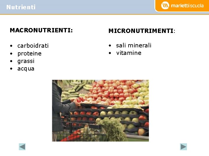 Nutrienti MACRONUTRIENTI: MICRONUTRIMENTI: • • • sali minerali • vitamine carboidrati proteine grassi acqua