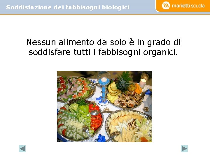 Soddisfazione dei fabbisogni biologici Nessun alimento da solo è in grado di soddisfare tutti