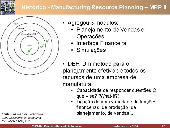 Histórico - Manufacturing Resource Planning – MRP II • Agregou 3 módulos: • Planejamento Histórico - Manufacturing Resource Planning – MRP II • Agregou 3 módulos: • Planejamento
