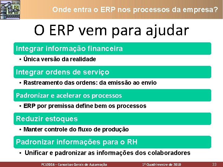 Onde entra o ERP nos processos da empresa? O ERP vem para ajudar Integrar Onde entra o ERP nos processos da empresa? O ERP vem para ajudar Integrar