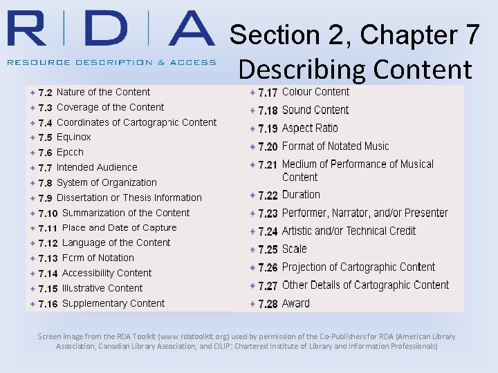 Section 2, Chapter 7 Describing Content Screen image from the RDA Toolkit (www. rdatoolkit.