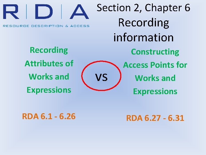 Section 2, Chapter 6 Recording Attributes of Works and Expressions RDA 6. 1 -
