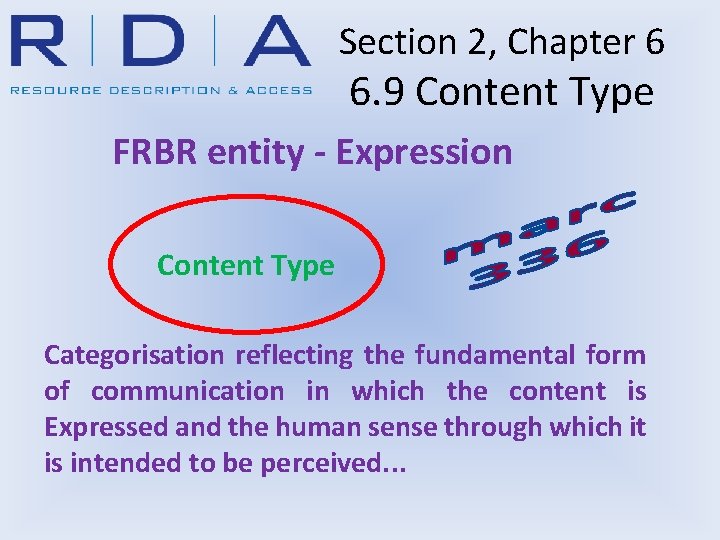 Section 2, Chapter 6 6. 9 Content Type FRBR entity - Expression Content Type