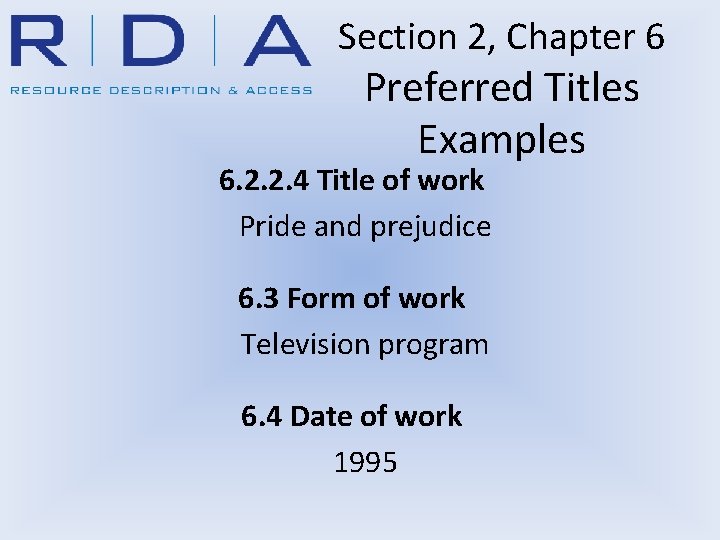 Section 2, Chapter 6 Preferred Titles Examples 6. 2. 2. 4 Title of work