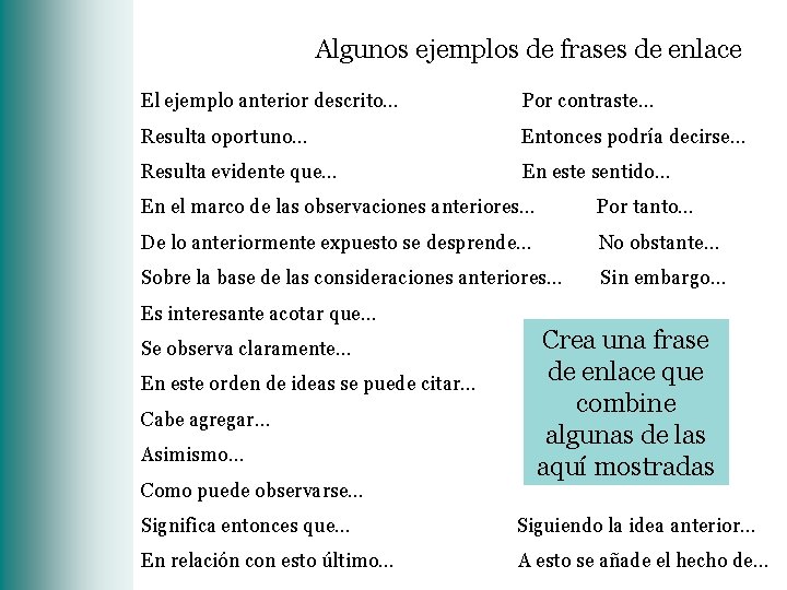 Algunos ejemplos de frases de enlace El ejemplo anterior descrito… Por contraste… Resulta oportuno…