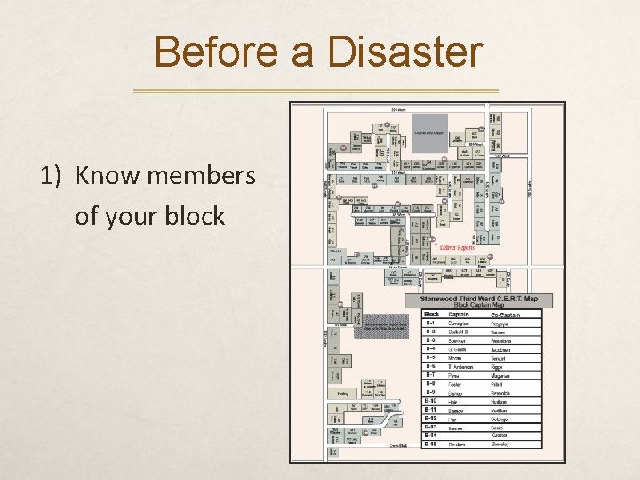 Before a Disaster 1) Know members of your block 