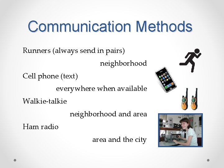 Communication Methods Runners (always send in pairs) neighborhood Cell phone (text) everywhere when available