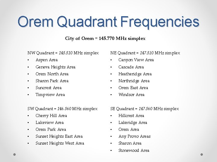 Orem Quadrant Frequencies City of Orem = 145. 770 MHz simplex NW Quadrant =