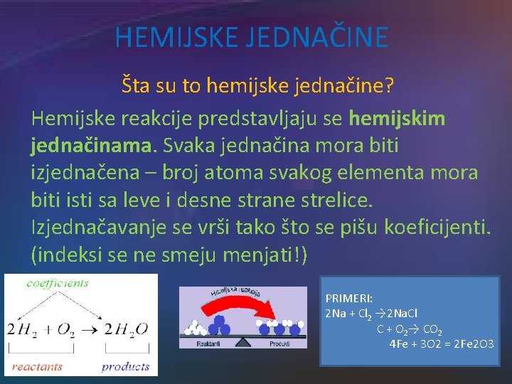 HEMIJSKE JEDNAČINE Šta su to hemijske jednačine? Hemijske reakcije predstavljaju se hemijskim jednačinama. Svaka