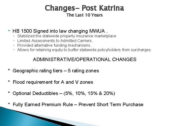 Changes- Post Katrina The Last 10 Years HB 1500 Signed into law changing MWUA.