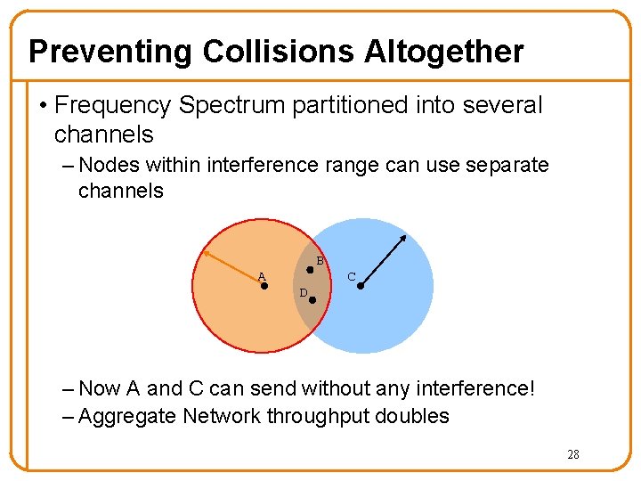 Preventing Collisions Altogether • Frequency Spectrum partitioned into several channels – Nodes within interference