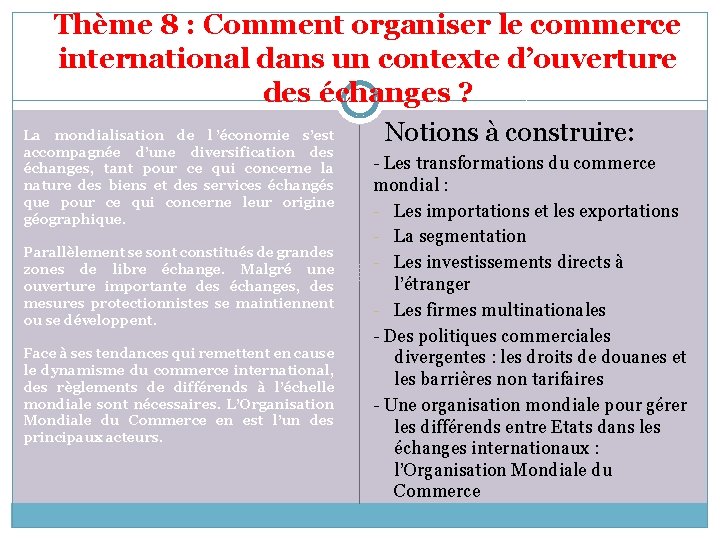 Thème 8 : Comment organiser le commerce international dans un contexte d’ouverture des échanges