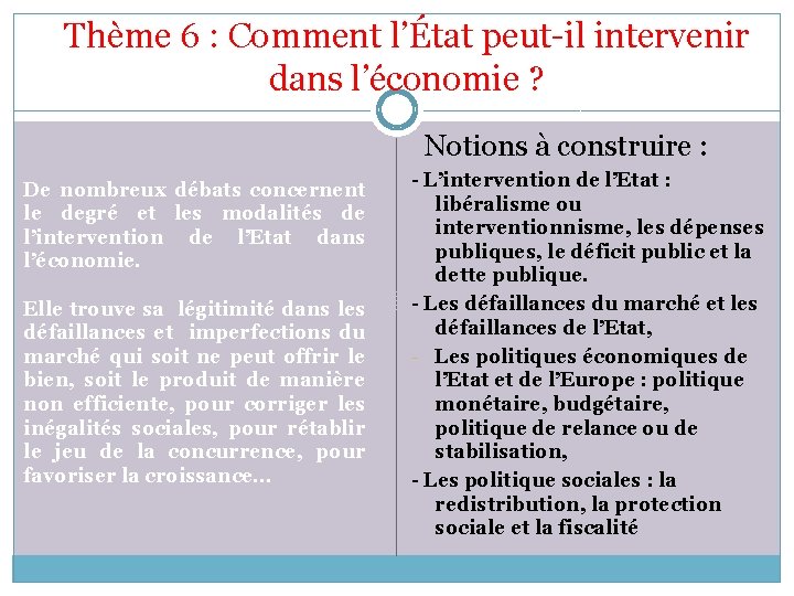 Thème 6 : Comment l’État peut-il intervenir dans l’économie ? Notions à construire :