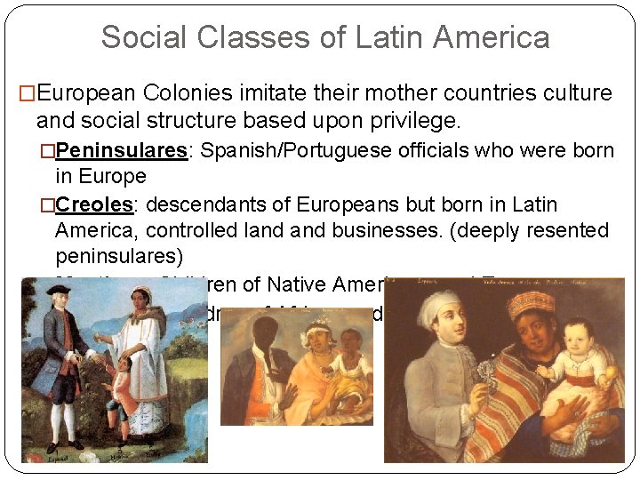 Social Classes of Latin America �European Colonies imitate their mother countries culture and social