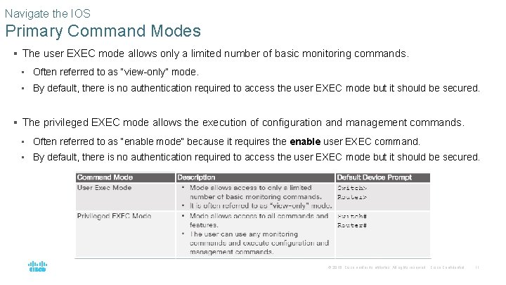 Navigate the IOS Primary Command Modes § The user EXEC mode allows only a